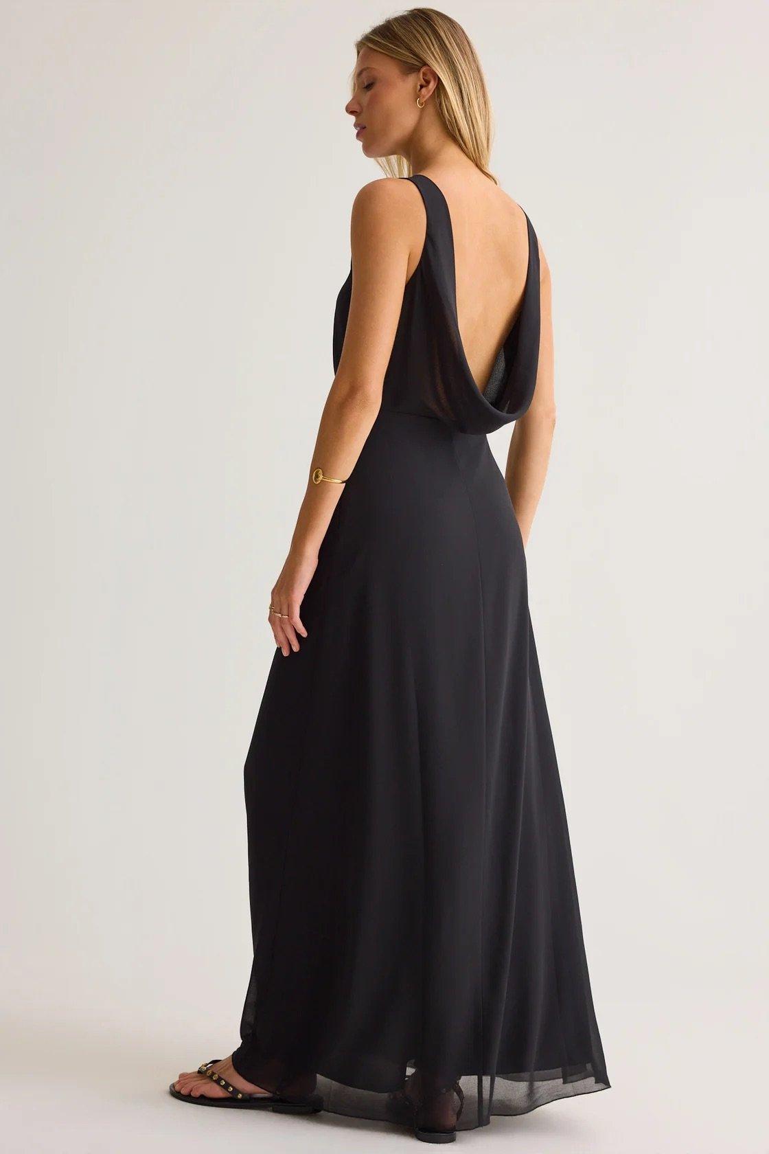 black sleeveless maxi dress with draped cowl back