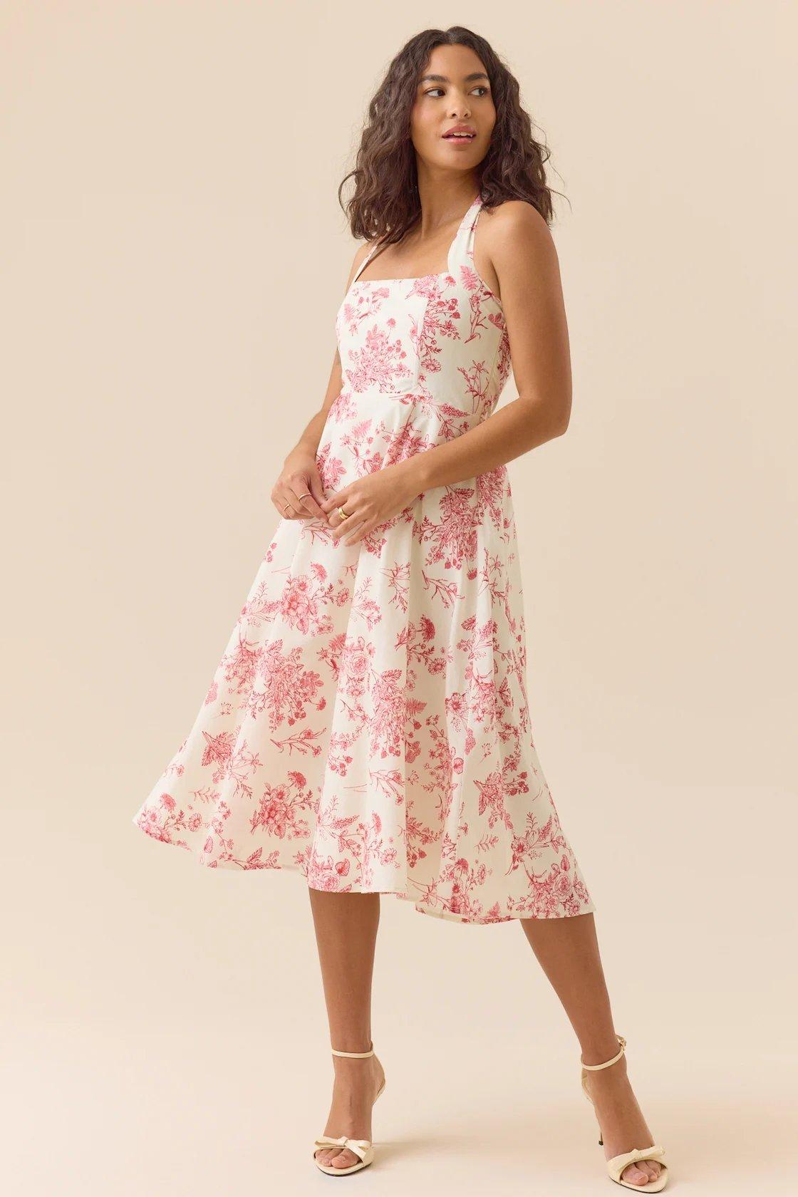 midi white dress with pink florals