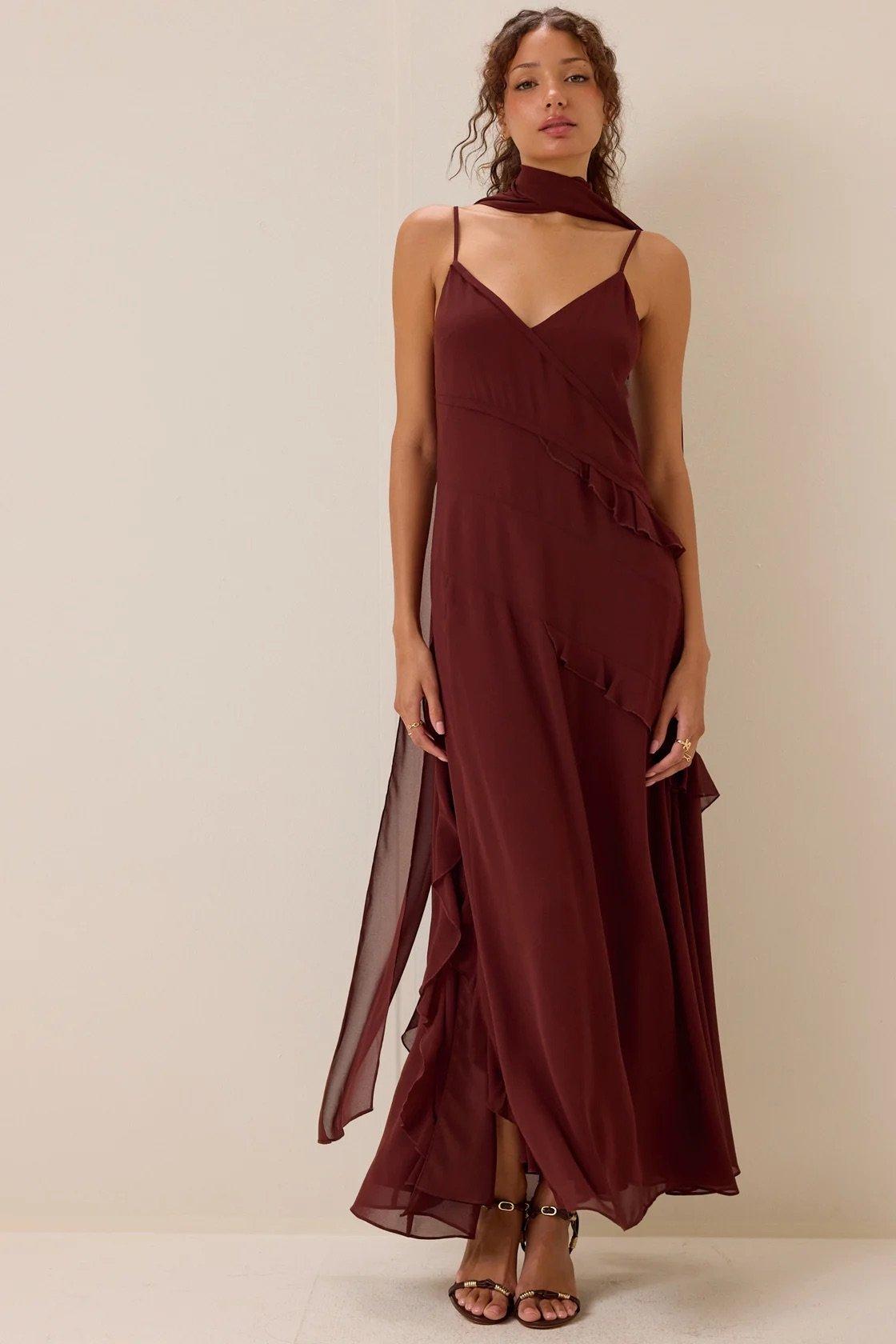 brown V-neck ruffle maxi dress with neck scarf
