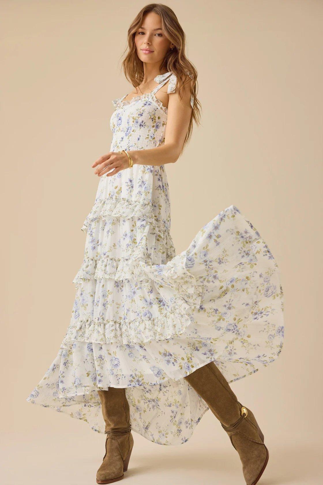 white maxi dress with blue flowers