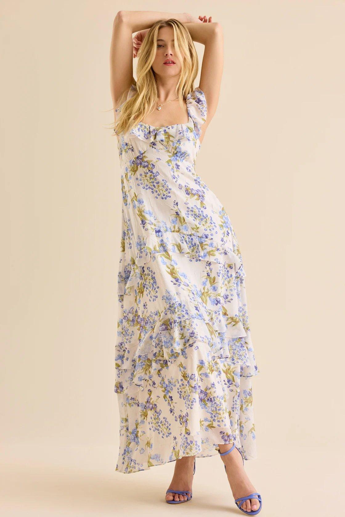white maxi dress with blue florals