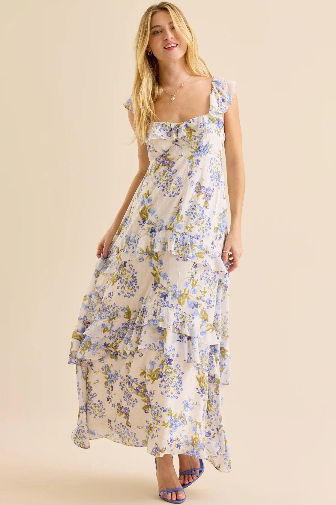 ivory maxi dress with blue florals