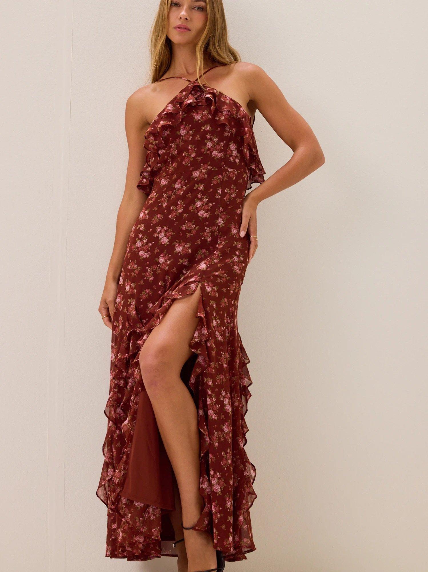red halter ruffle floral maxi dress
