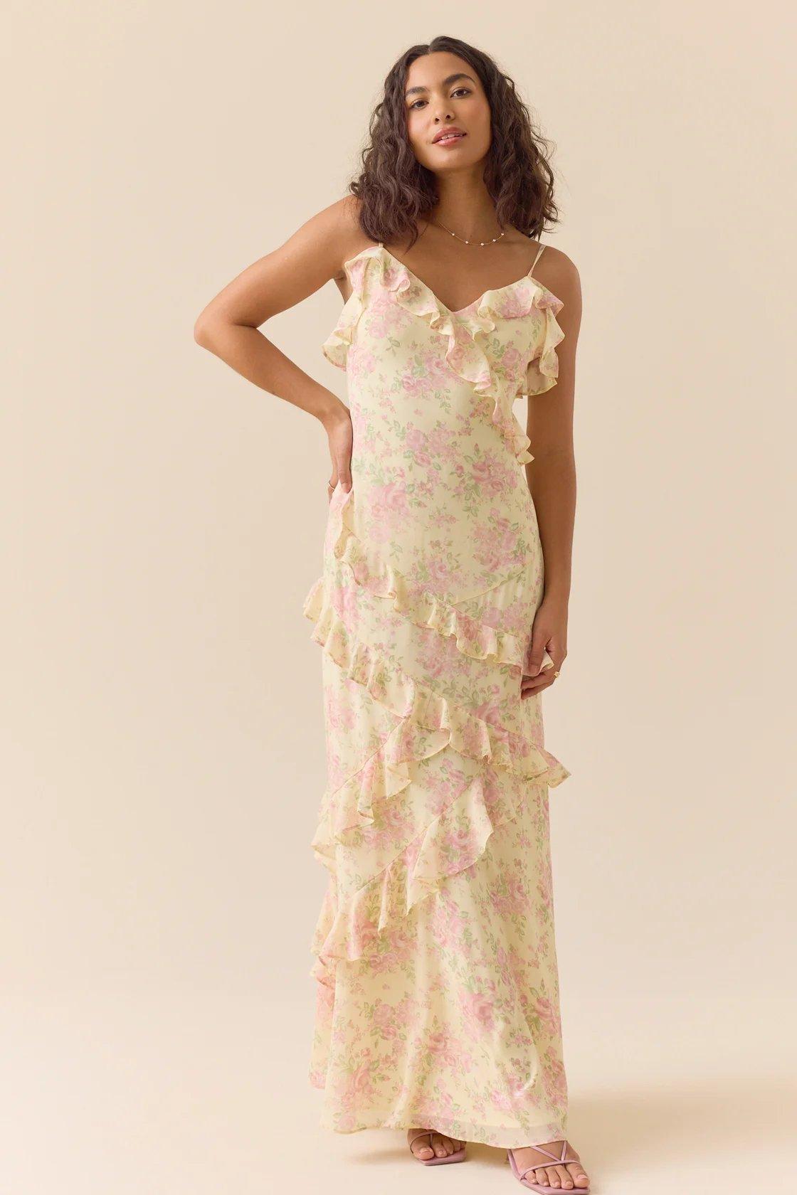 yellow and pink ruffle maxi dress