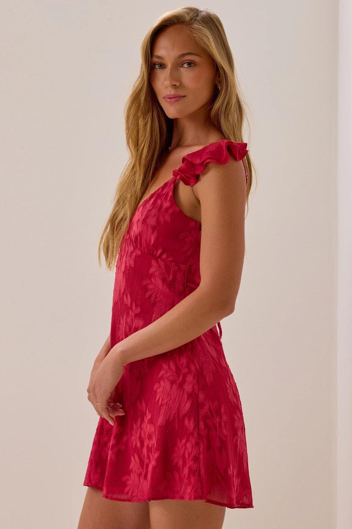 red flutter-sleeve floral mini dress