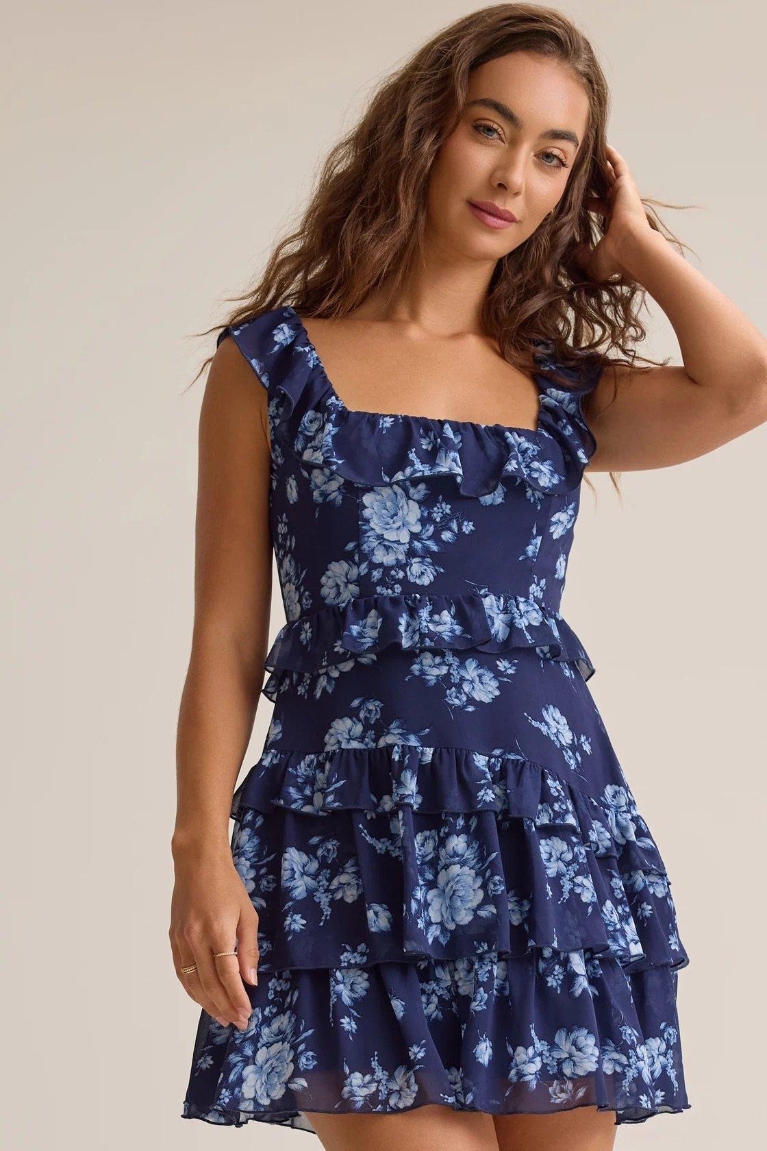 blue ruffle layered floral mini dress