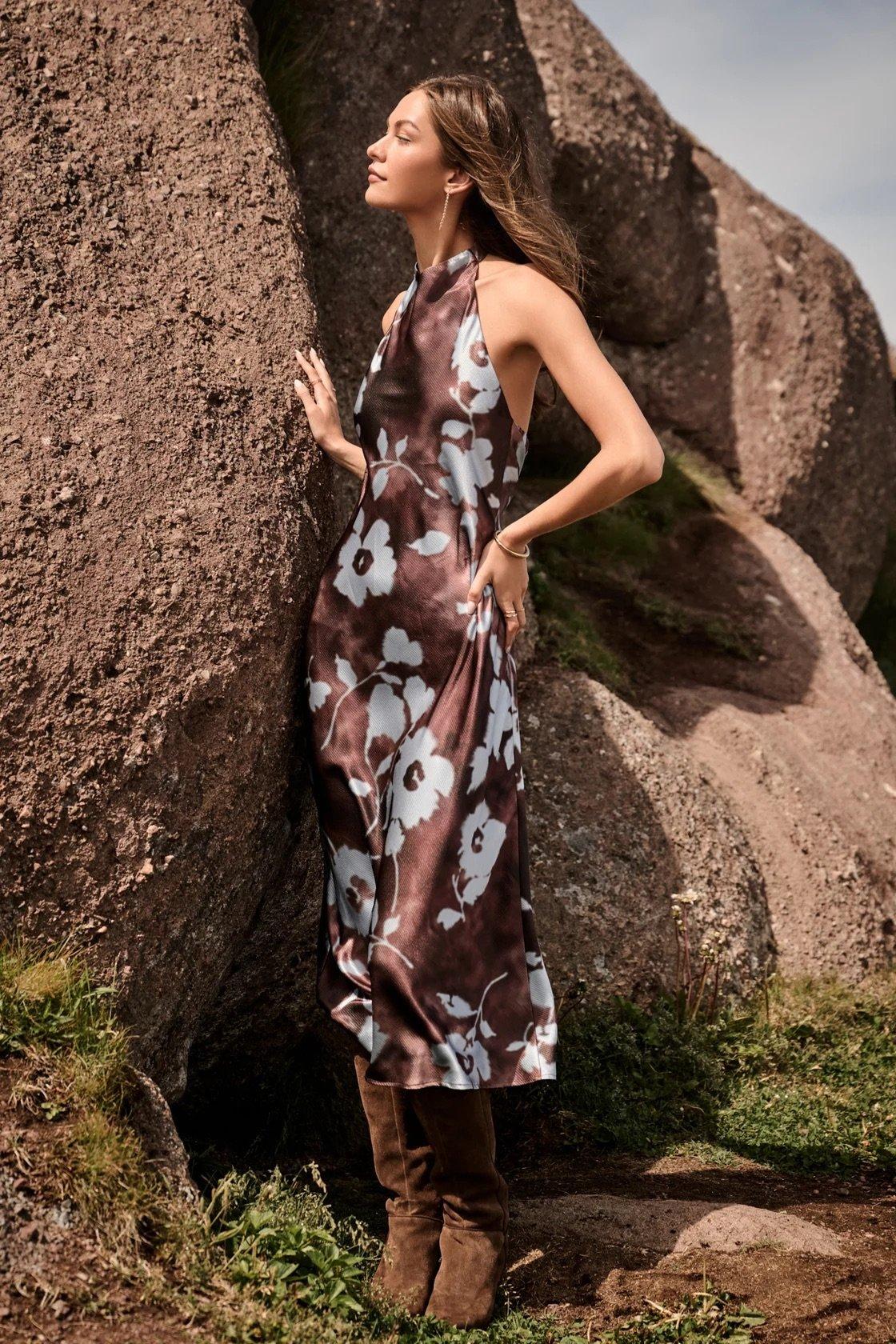 brown satin maxi dress with blue florals