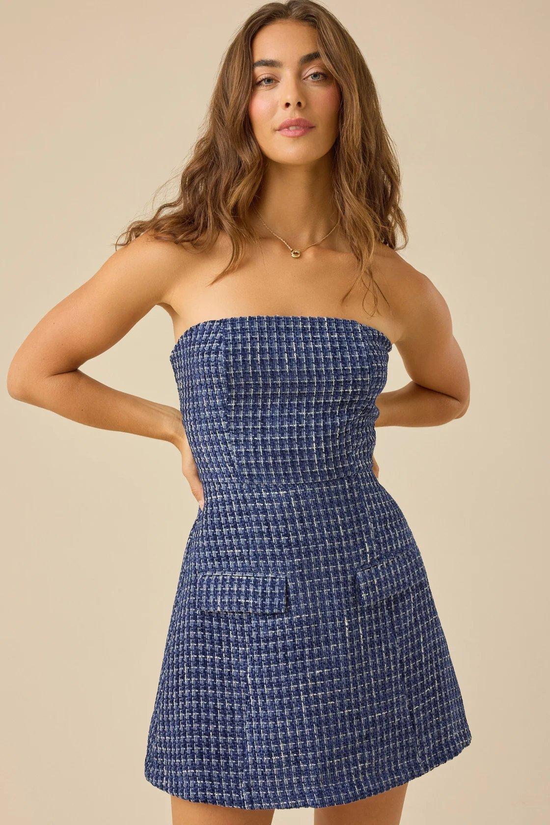 blue strapless tweed mini dress