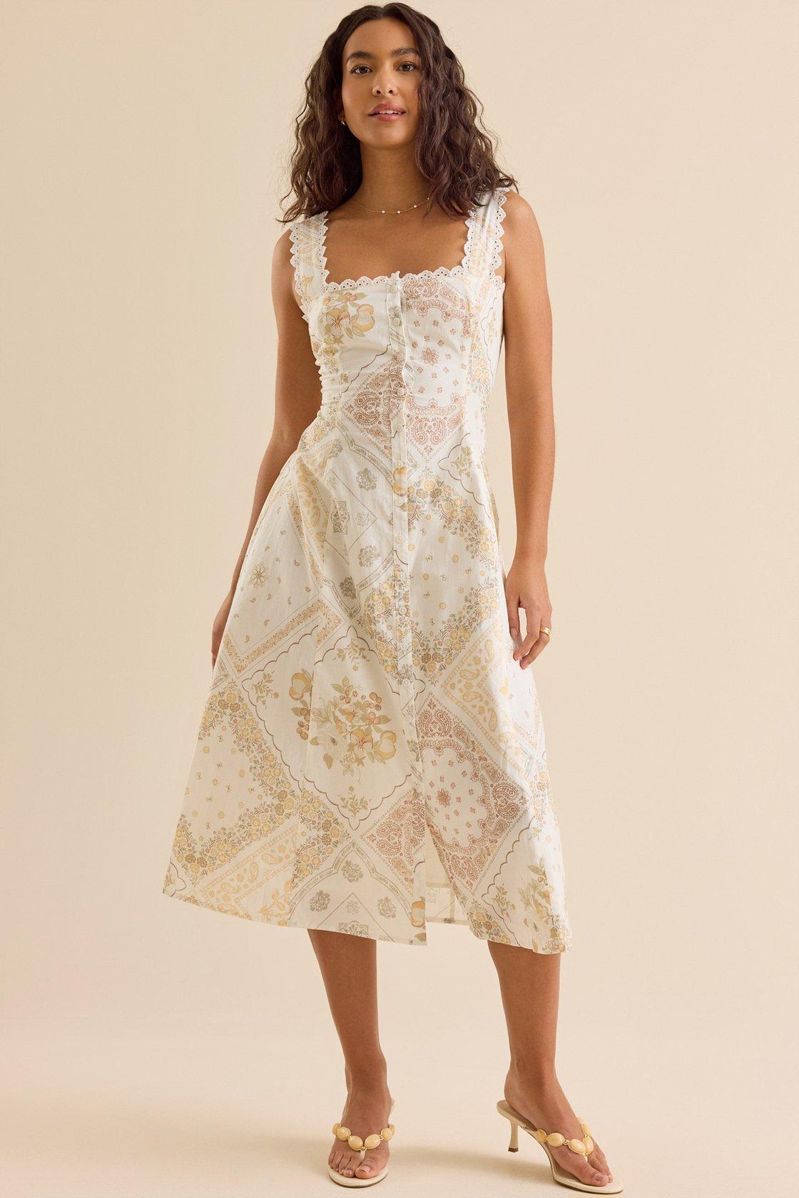 white and beige bandana print midi dress