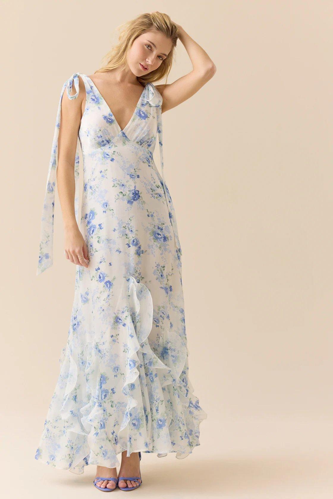 ivory and blue floral maxi dress
