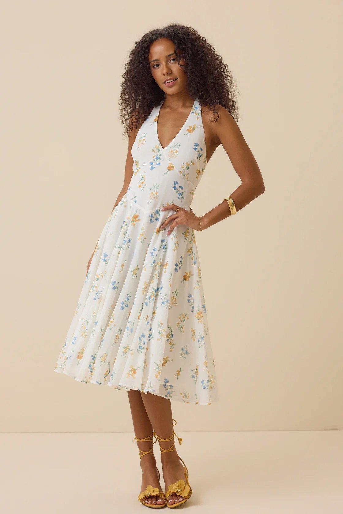 white midi dress with blue and yellow flowers