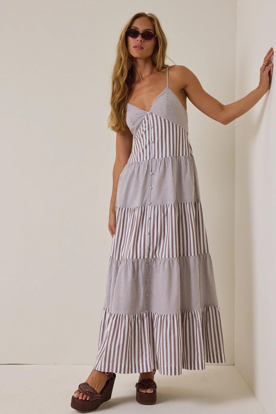 ivory and brown striped maxi dress