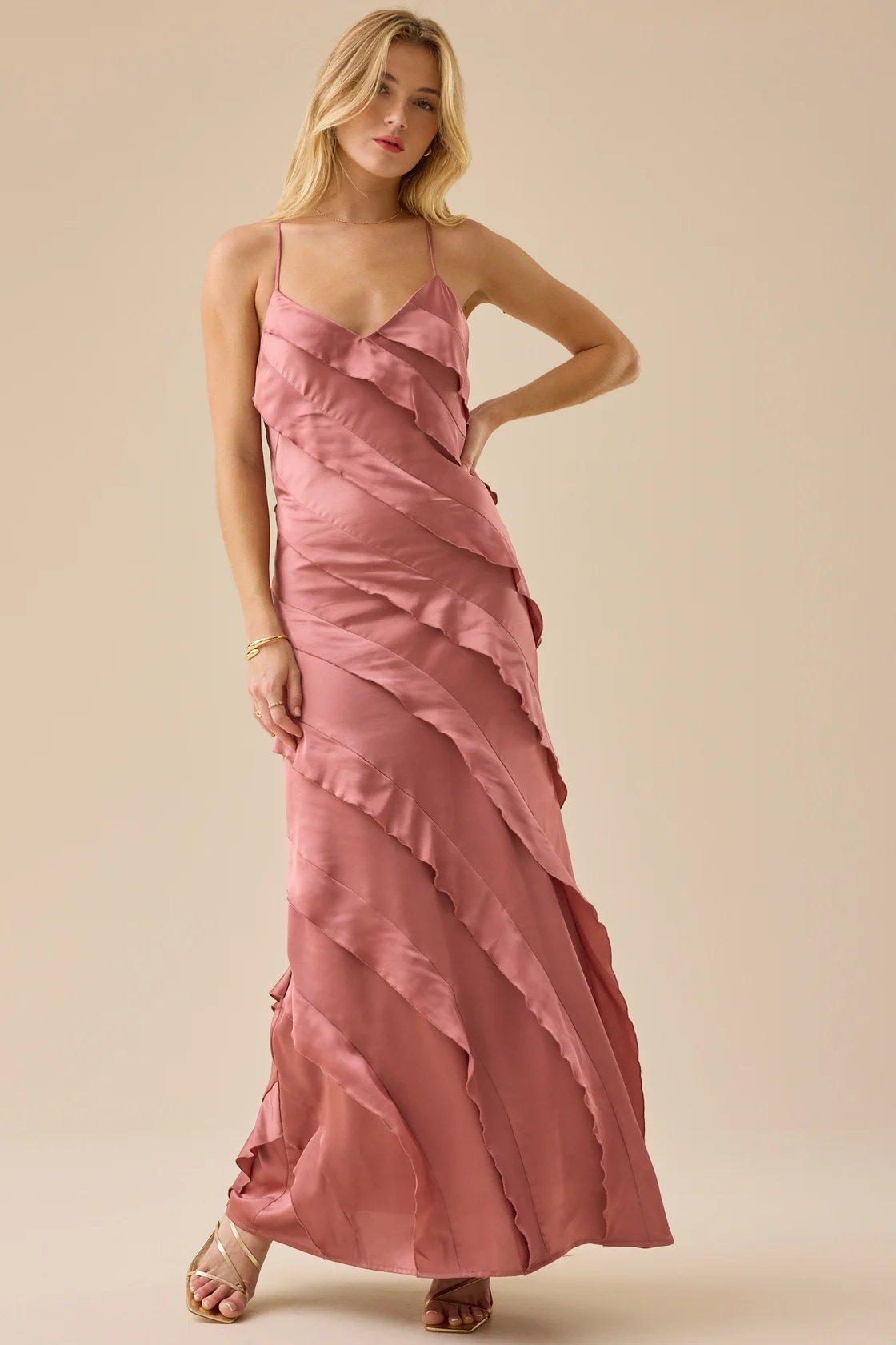 rose pink ruffle maxi dress