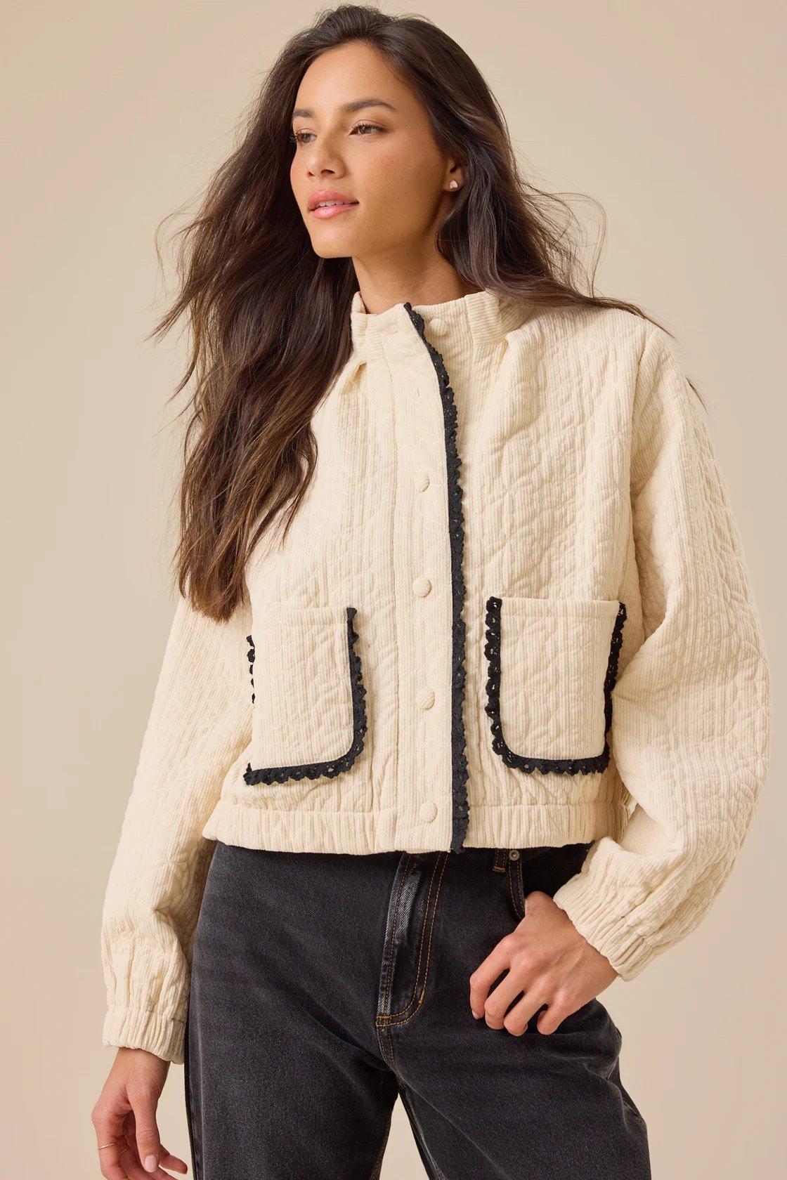 cream and black corduroy quilted jacket