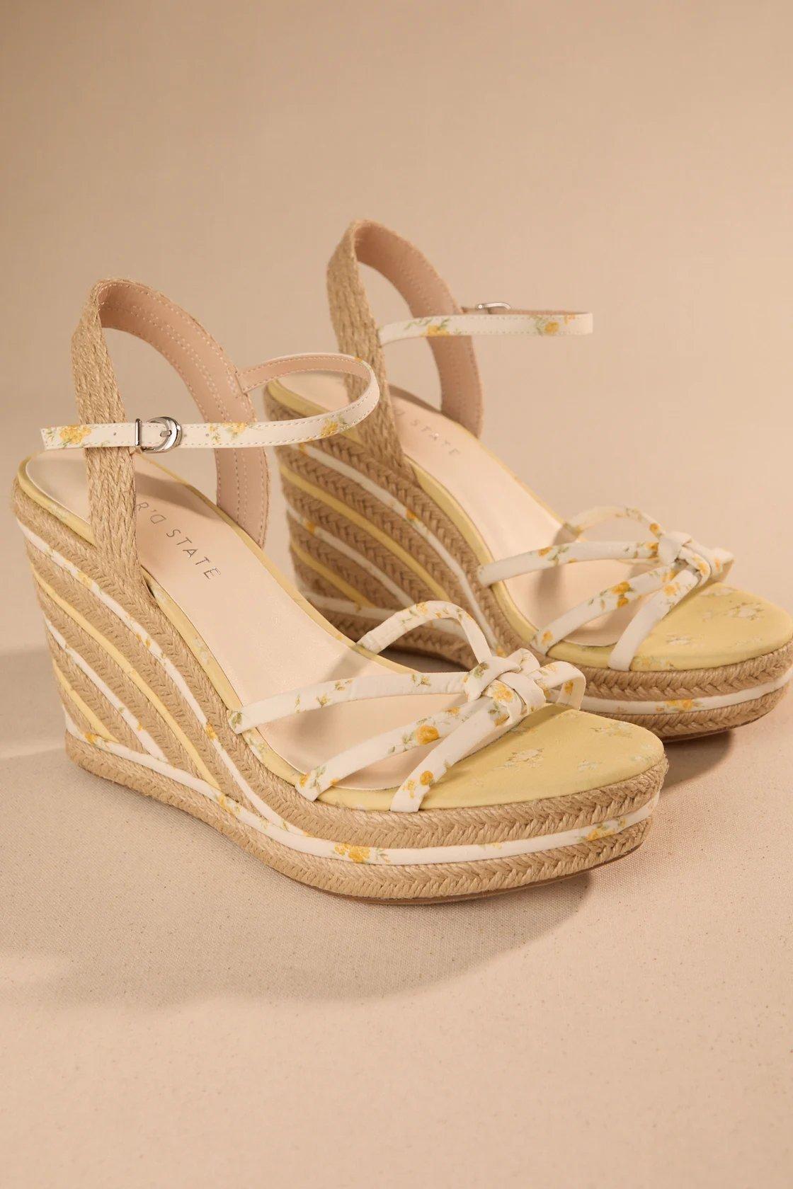 yellow, white, and straw strapped wedges