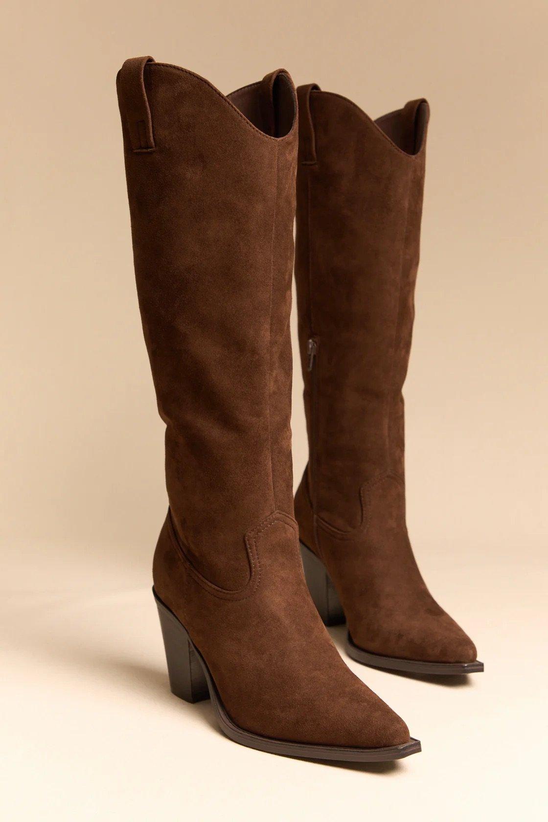knee-high brown suede western boots