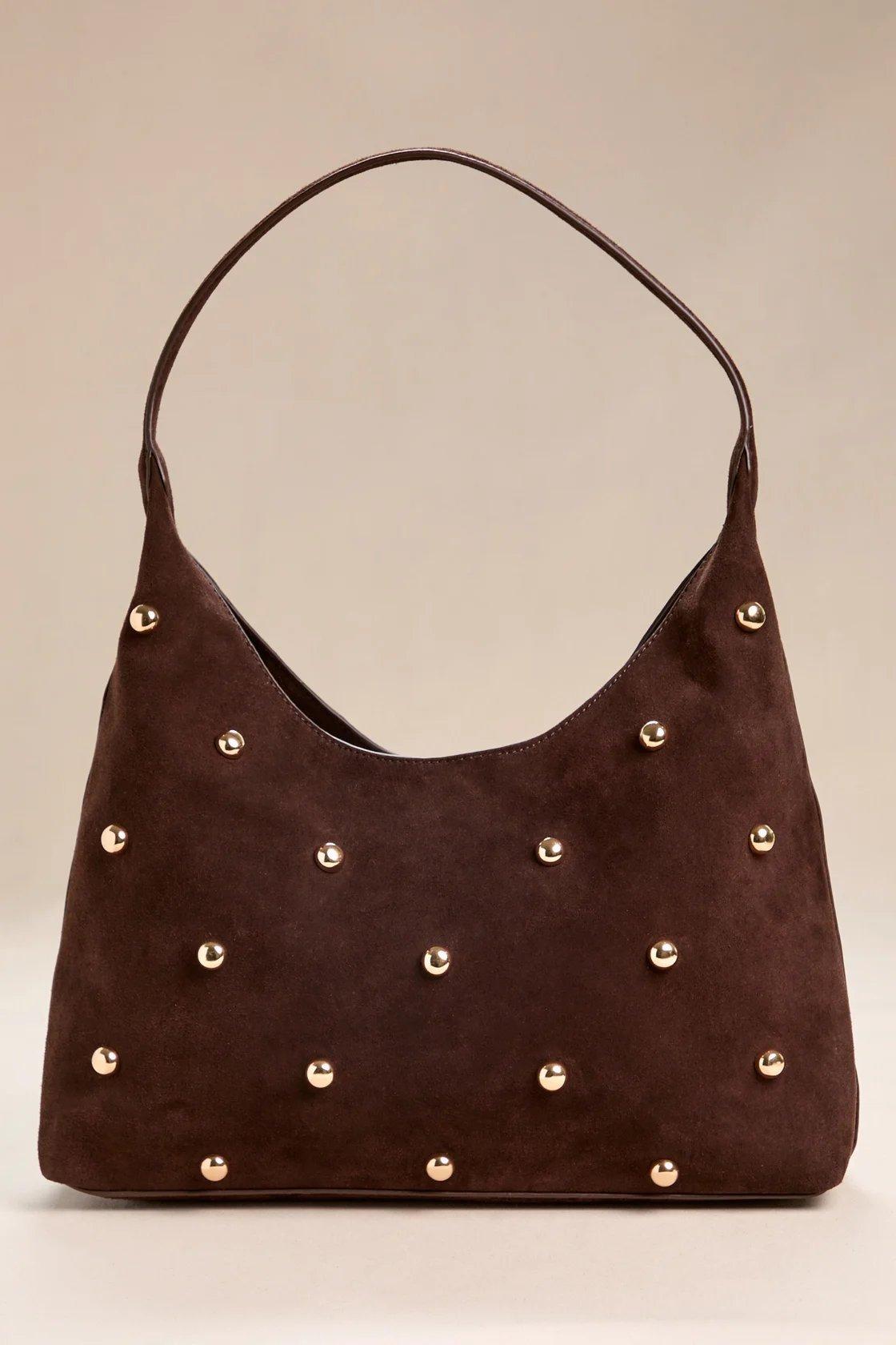 brown suede studded bag