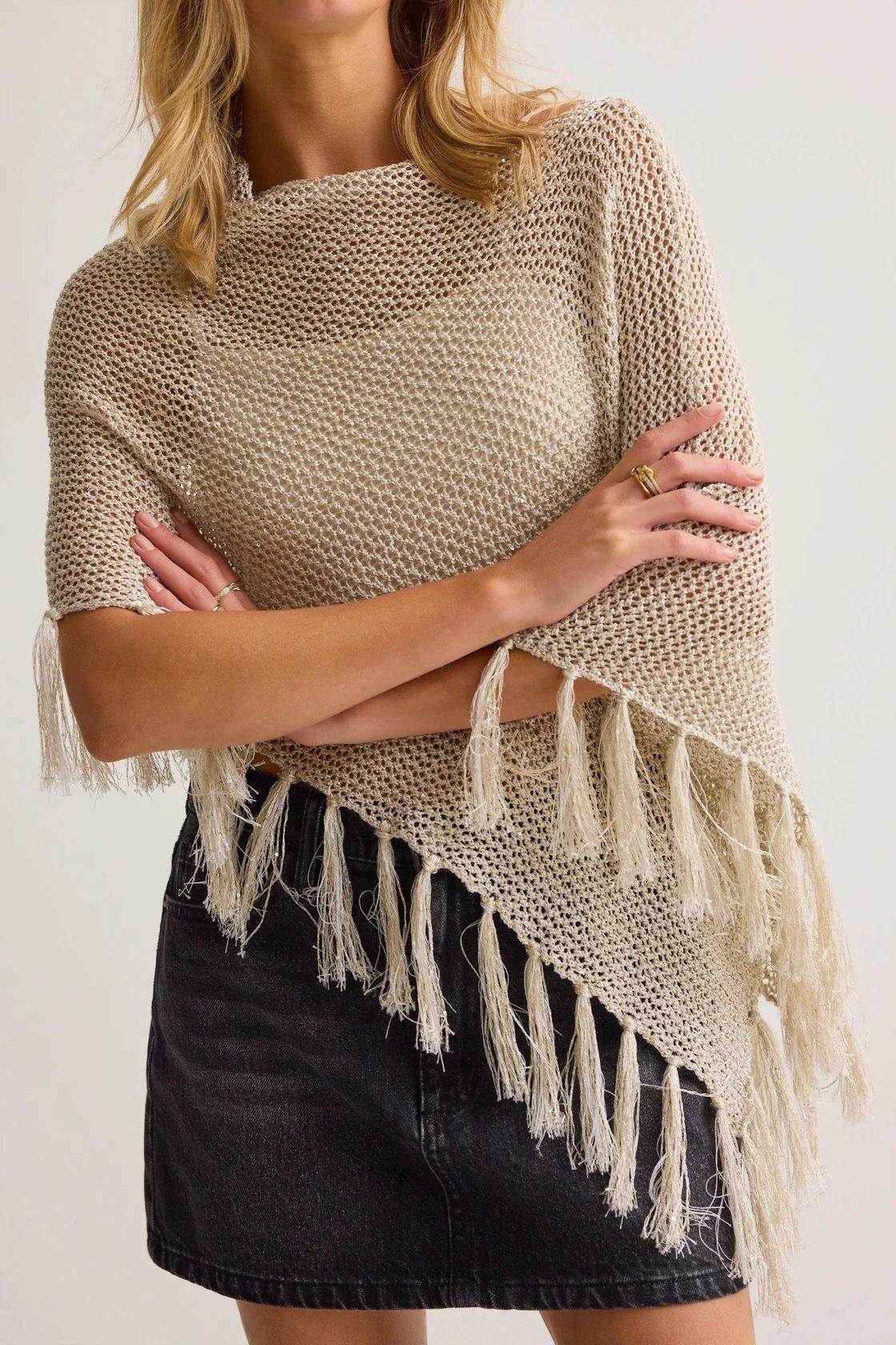 cream sequin fringe poncho