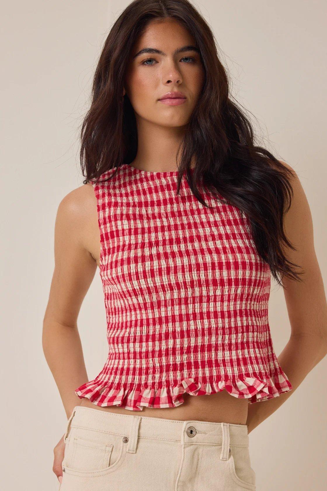 red and white gingham sleeveless top