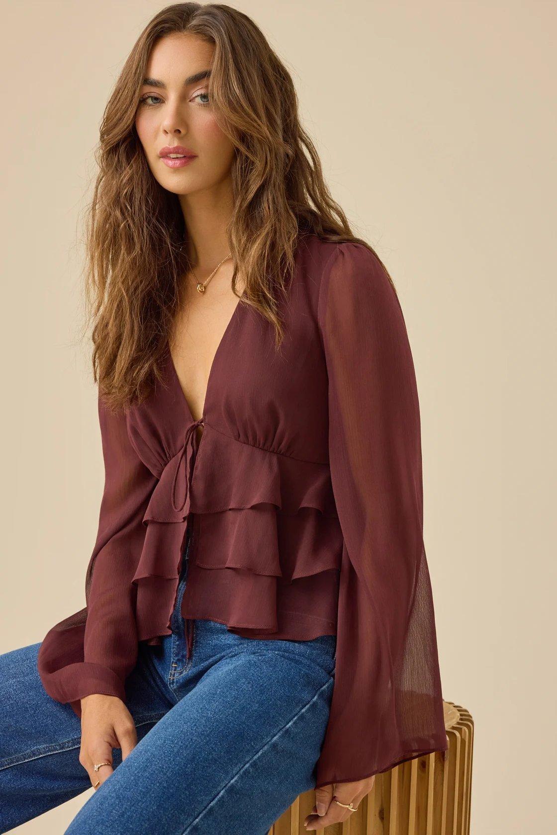 Burgundy Eva Tie Front Ruffle Top 