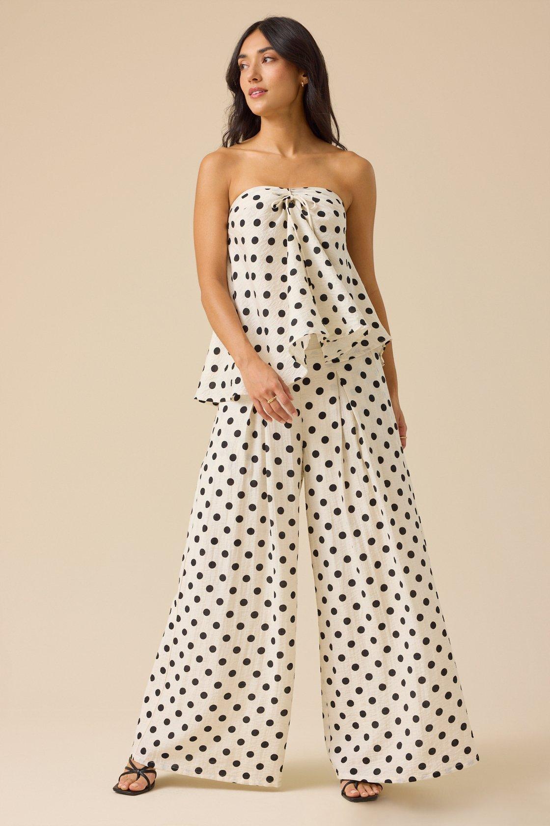 white wide leg pants with black polka dots