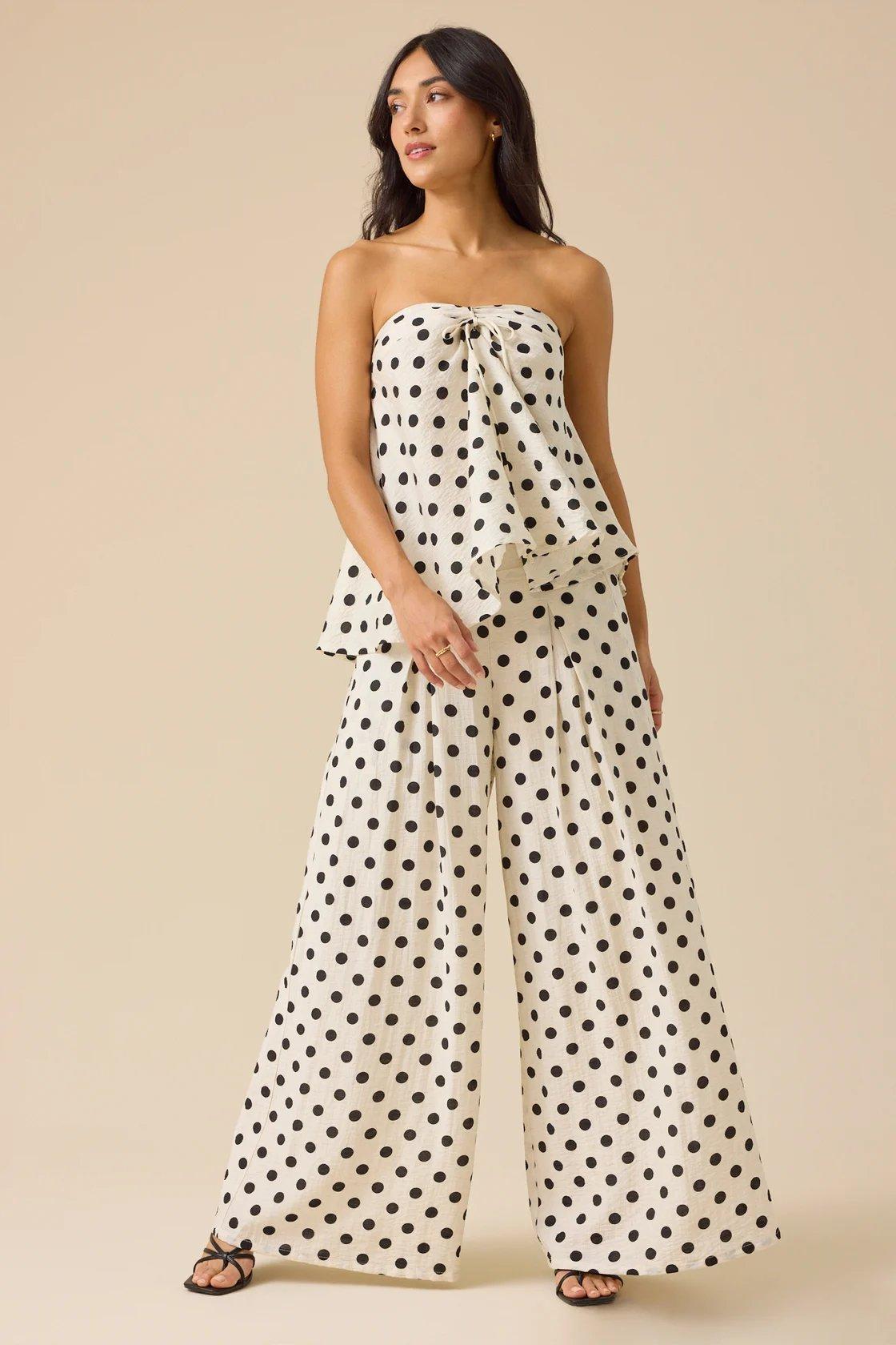 white wide leg pant with black polka dots