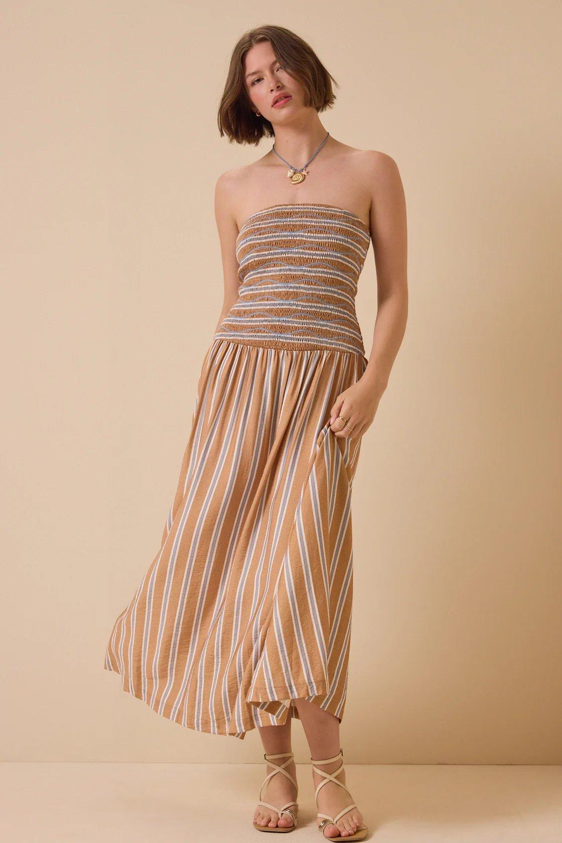 brown and blue striped strapless maxi dress