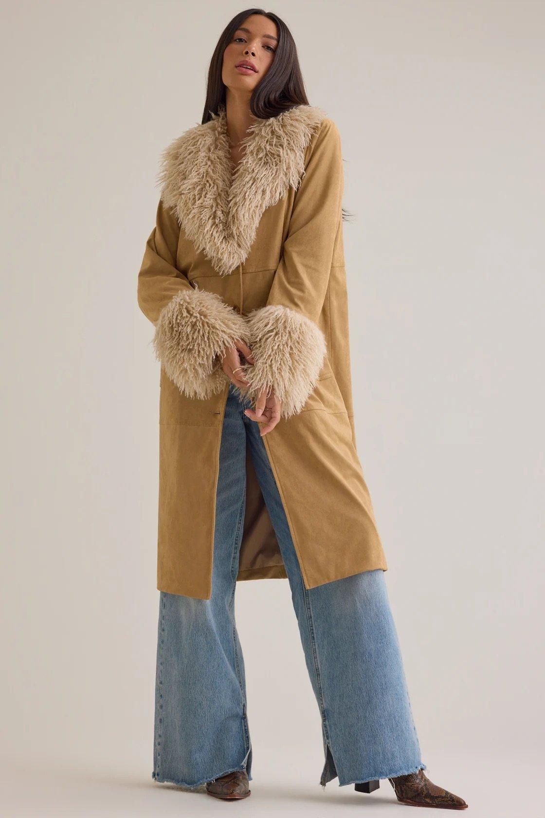 tan faux suede fur trim jacket