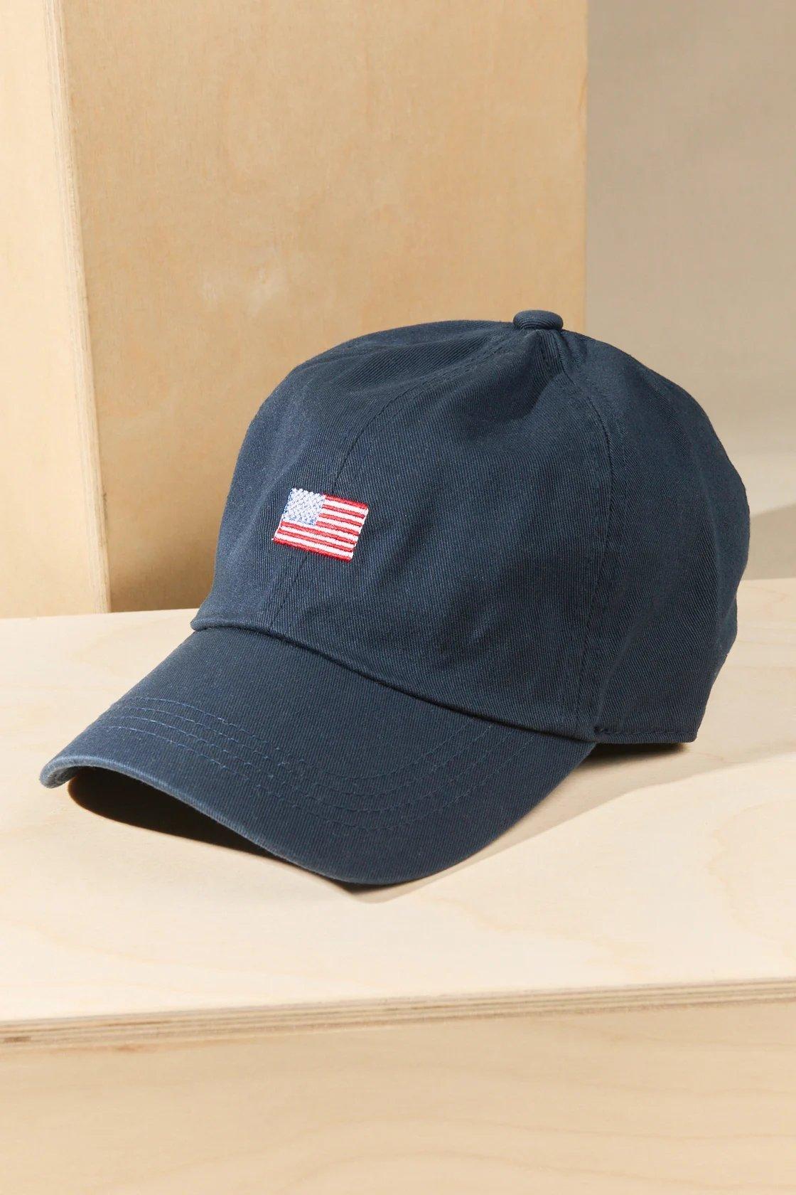 navy baseball trucker hat with American Flag embroidery