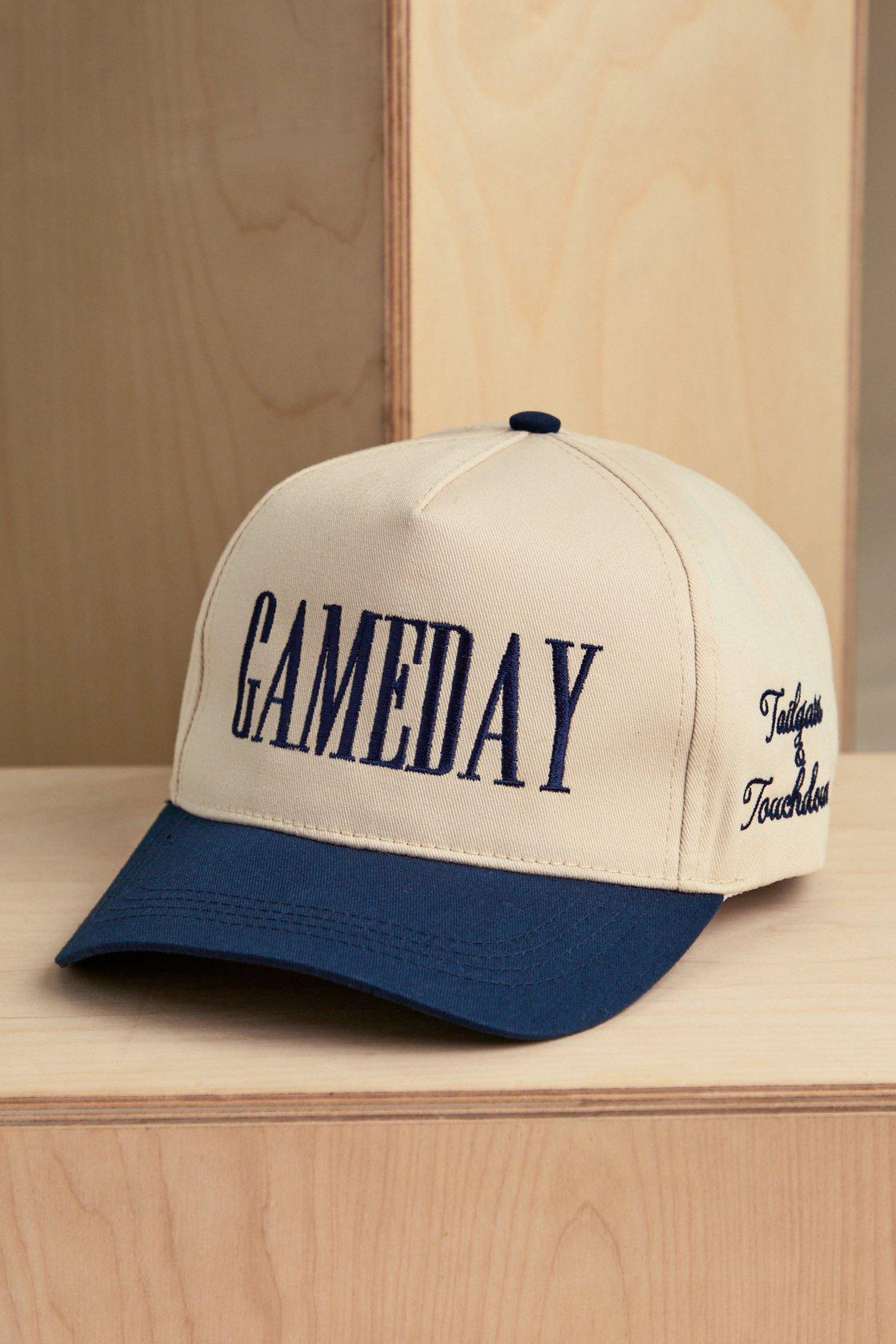 navy blue and white gameday baseball trucker hat