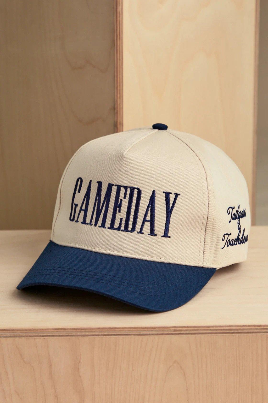 gameday hat with navy embroidered lettering