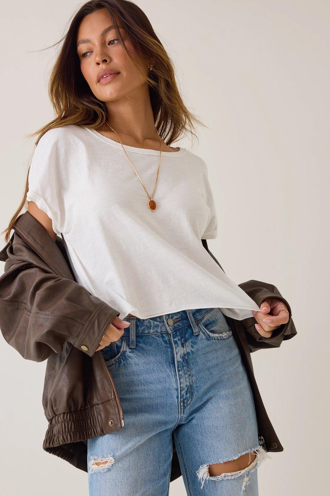 white roll sleeve top