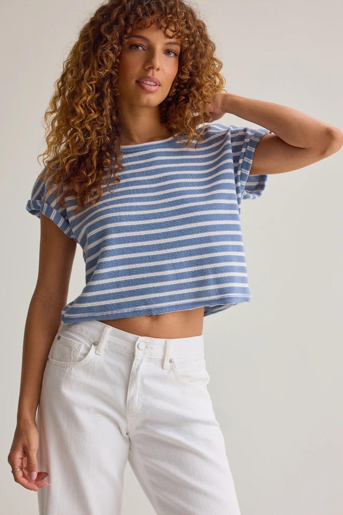 blue and white striped top