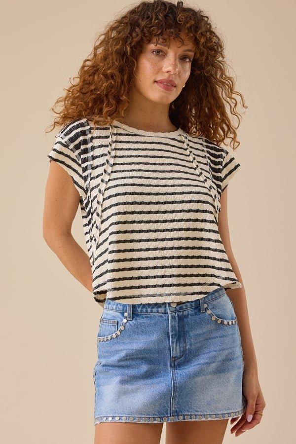 ivory and black stripped short sleeve top