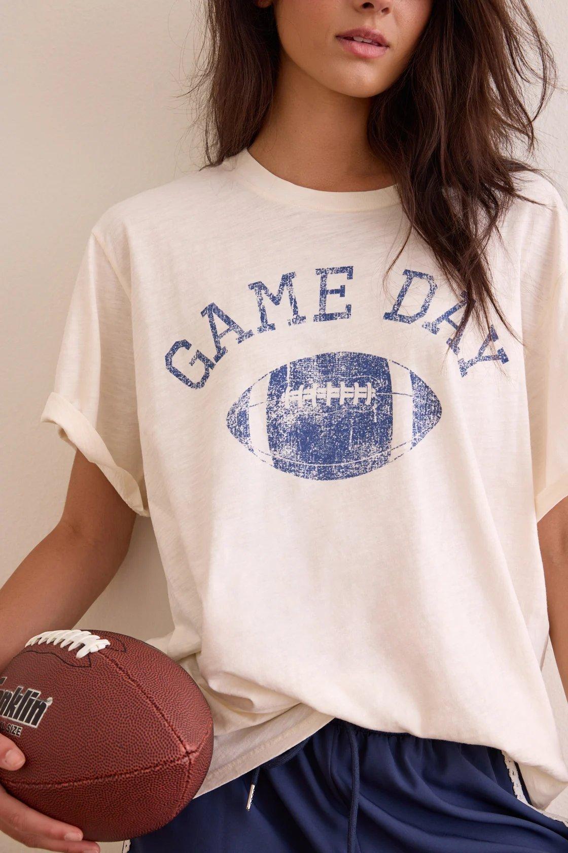 white t-shirt with blue gameday on front