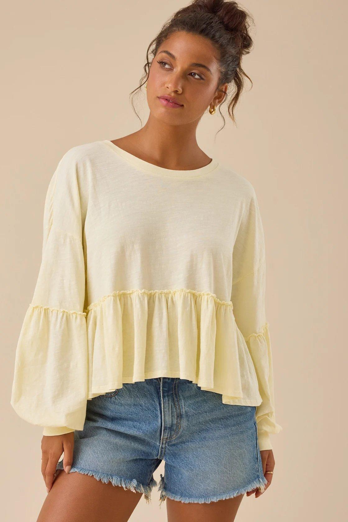 butter yellow long sleeve ruffle top