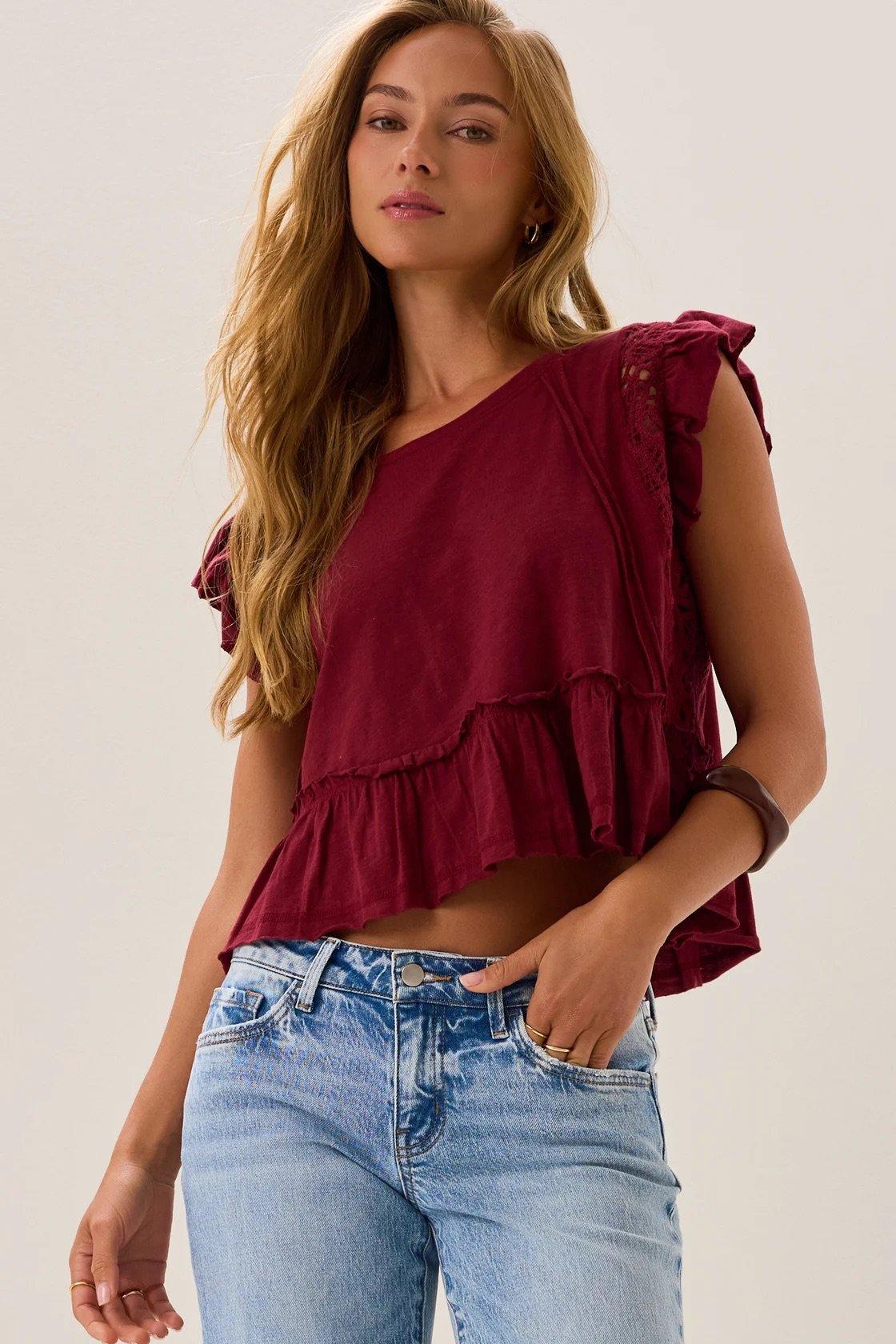 red shirt crochet details and relaxed fit