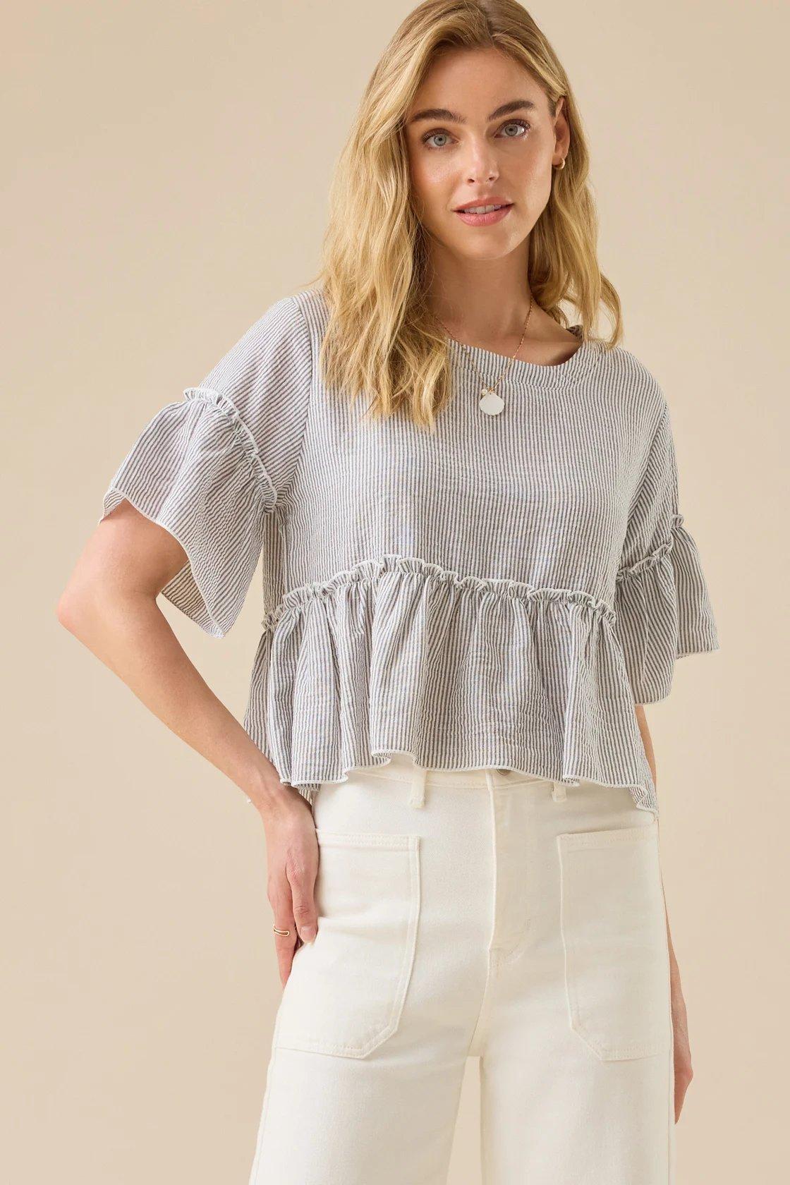 black and white striped ruffle top