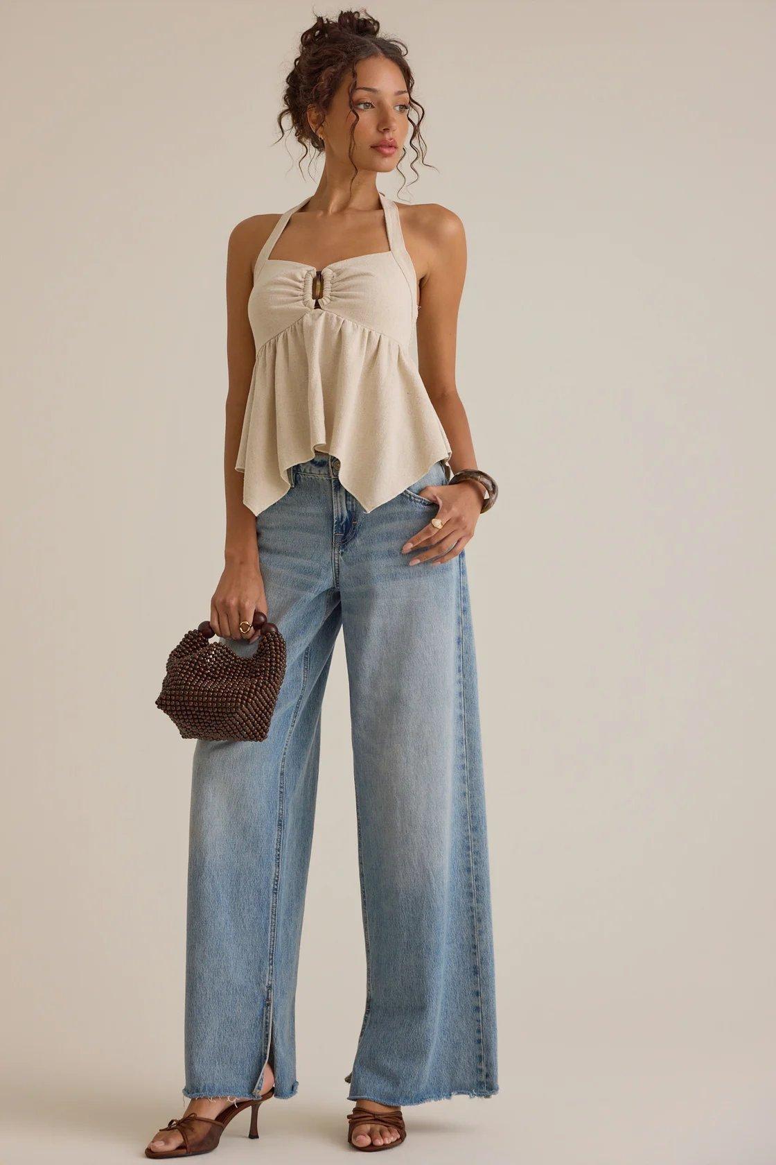 linen colored backless halterneck top