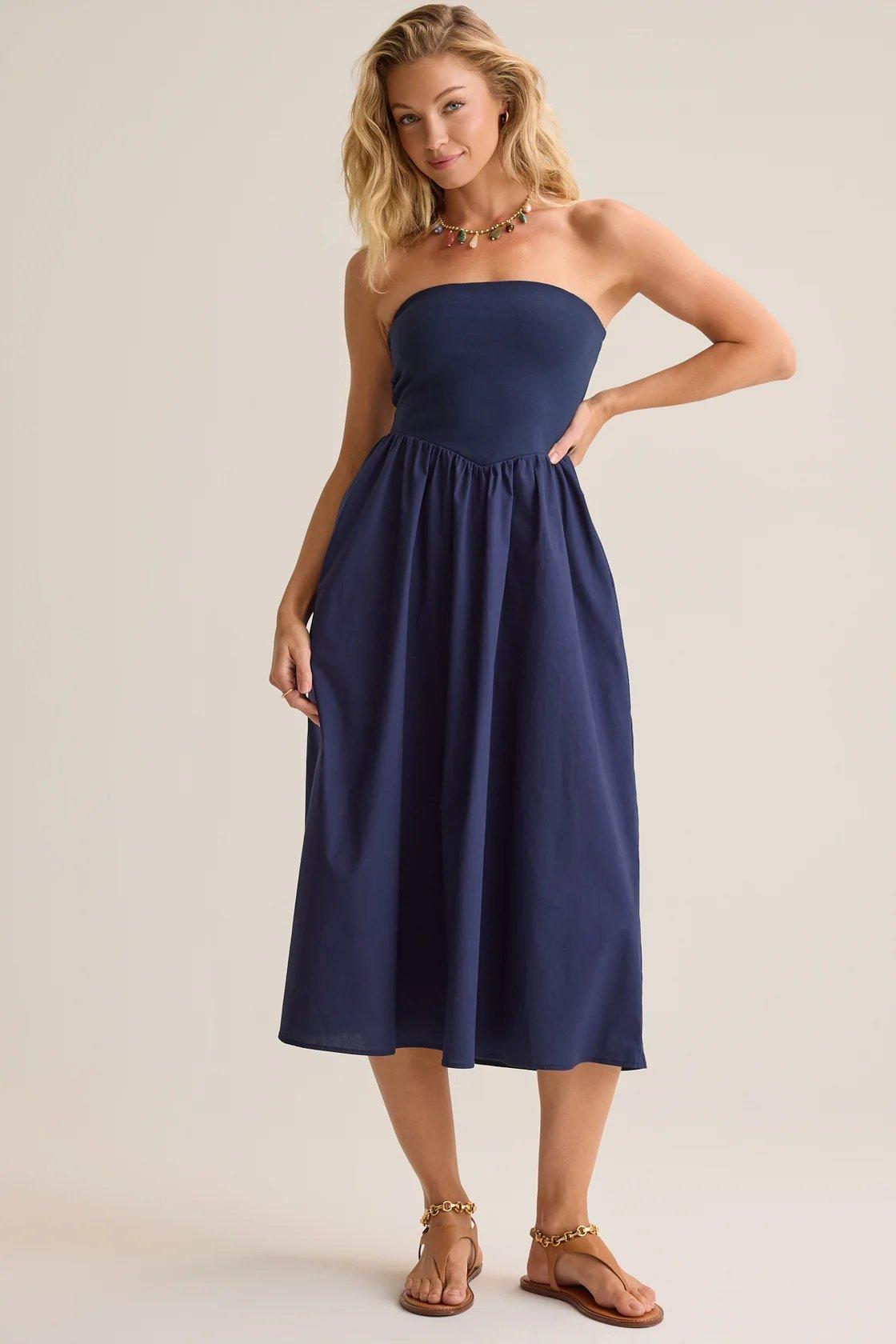 navy strapless midi dress