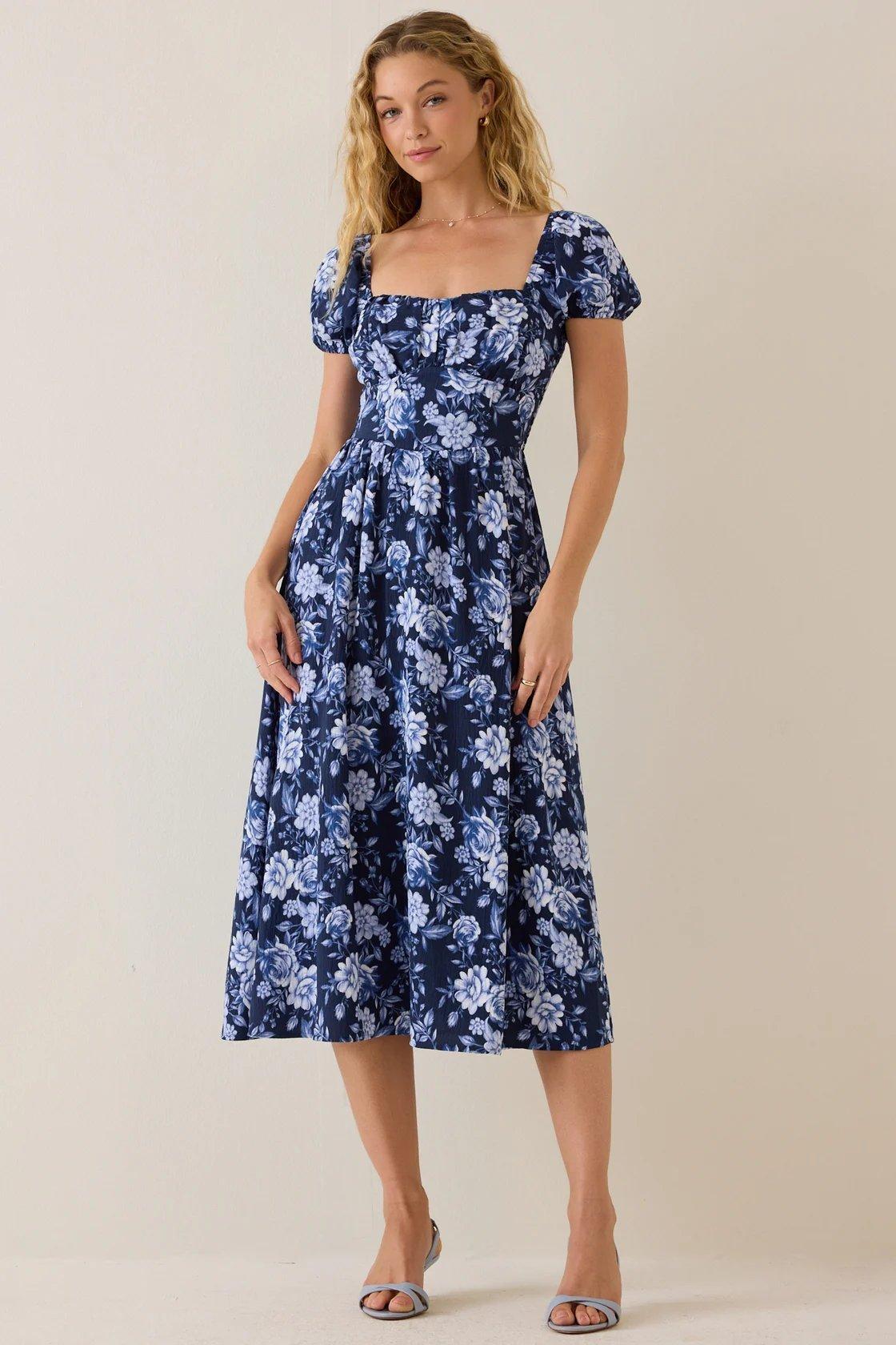 Navy blue and light blue floral maxi dress with puff sleeves