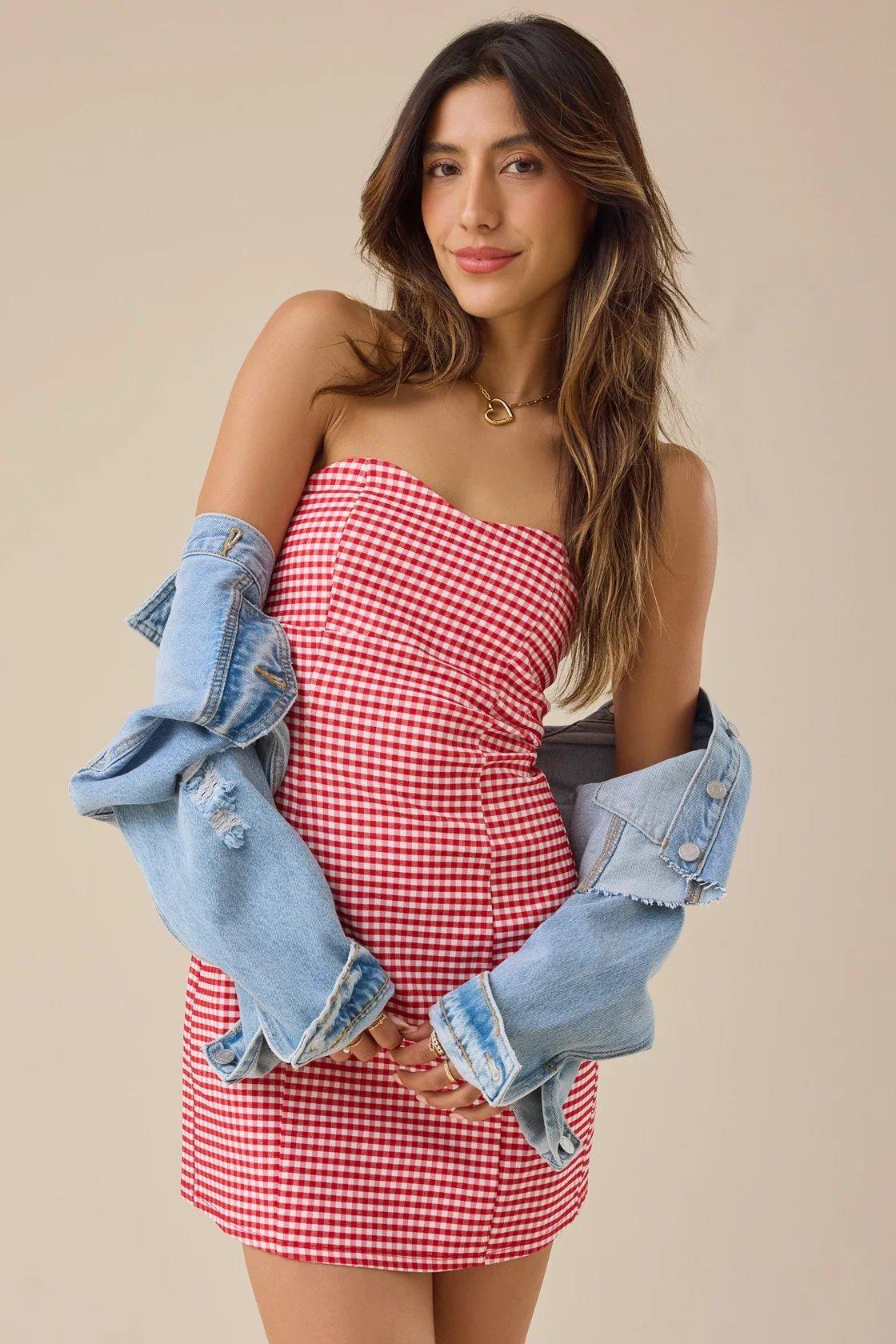 red and white gingham strapless mini dress