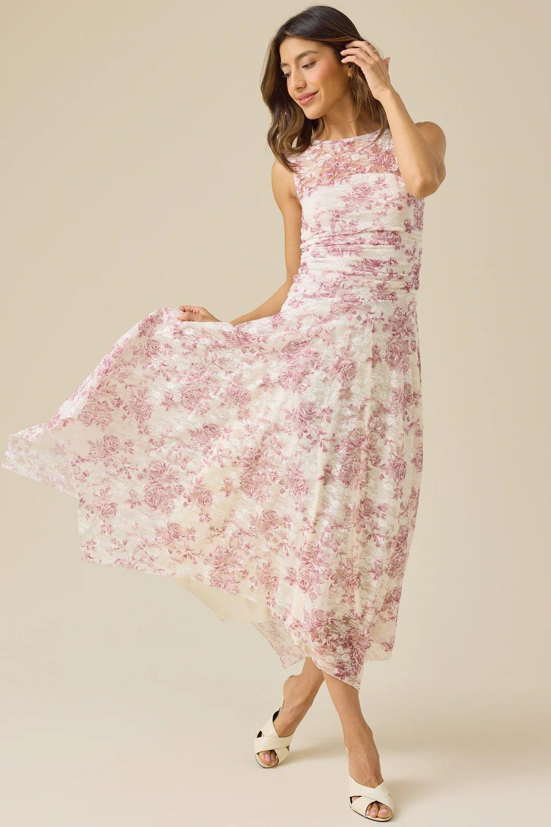 pink and white lace floral maxi dress