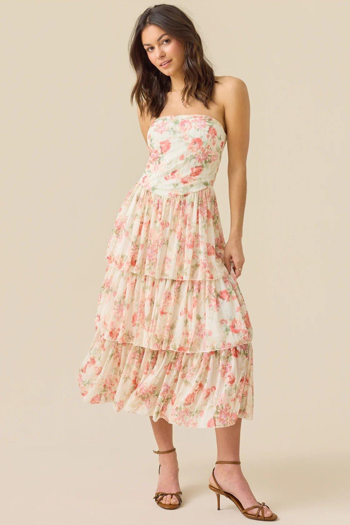 white strapless midi dress with pink florals