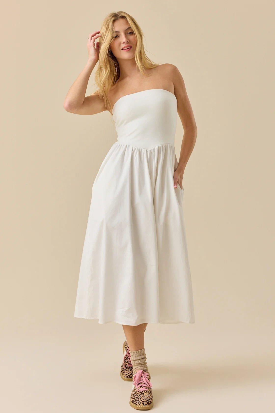 white strapless basque waist maxi dress