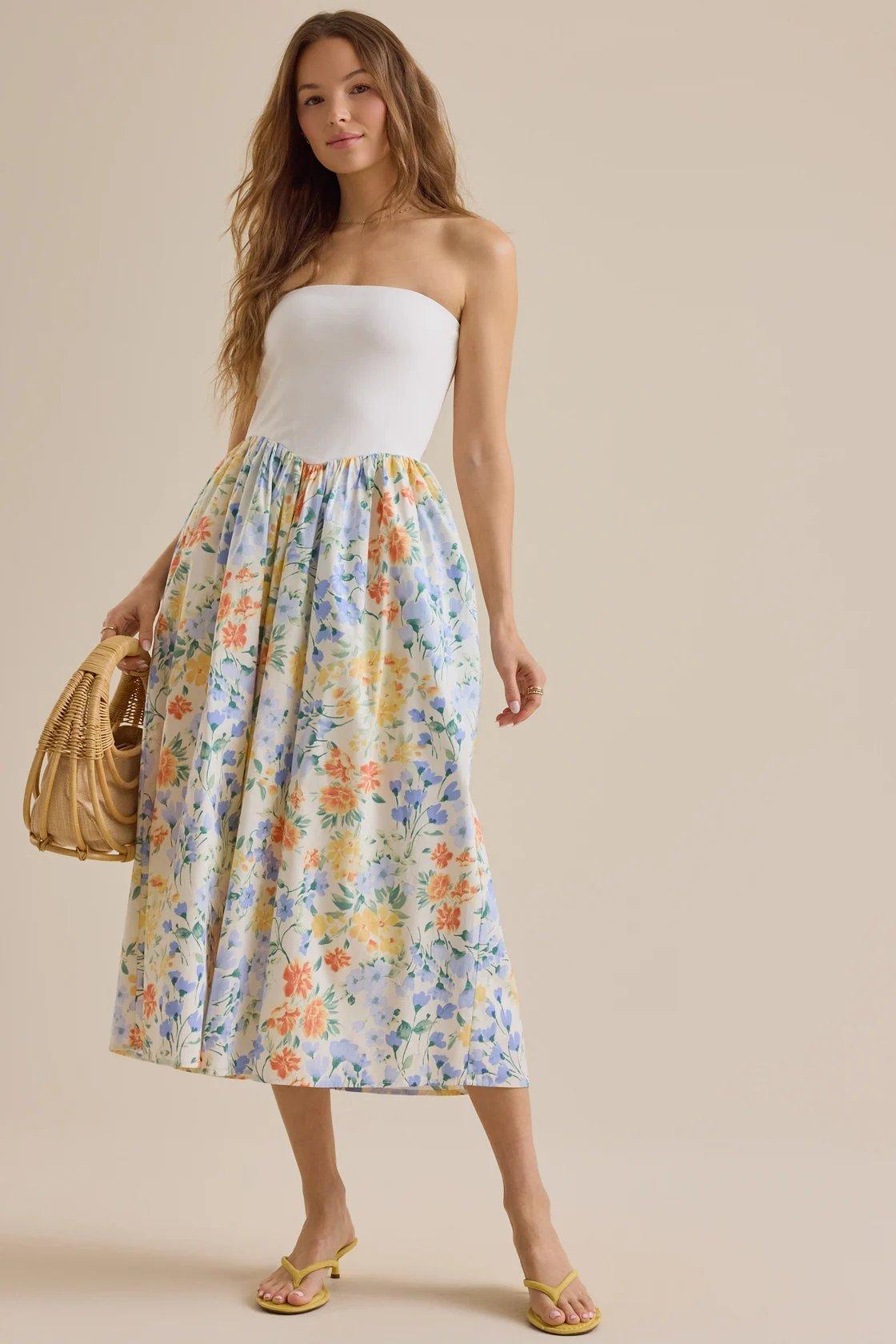 midi strapless dress with white top and floral skirt