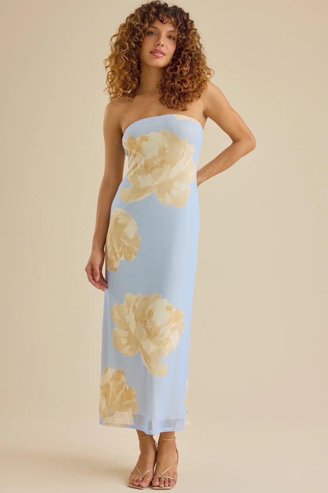 blue satin maxi dress with yellow florals