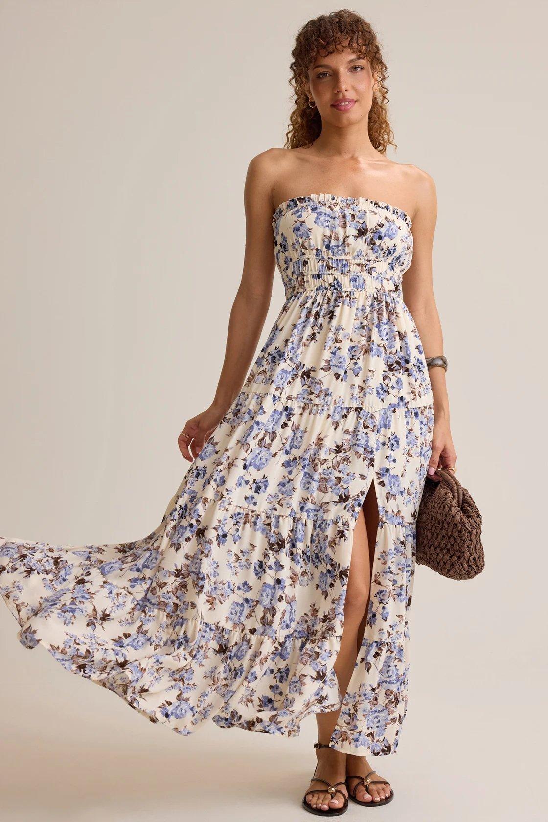 ivory strapless top with blue flowers