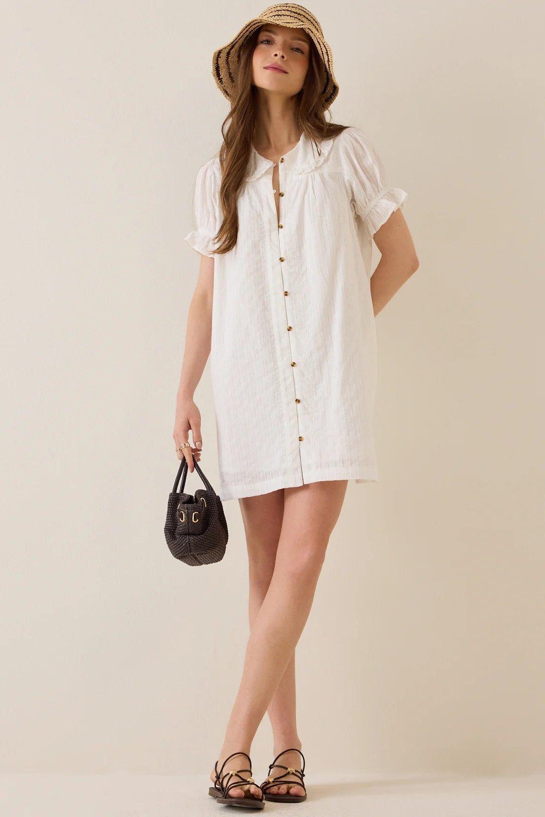 ivory mini dress with buttons down the front