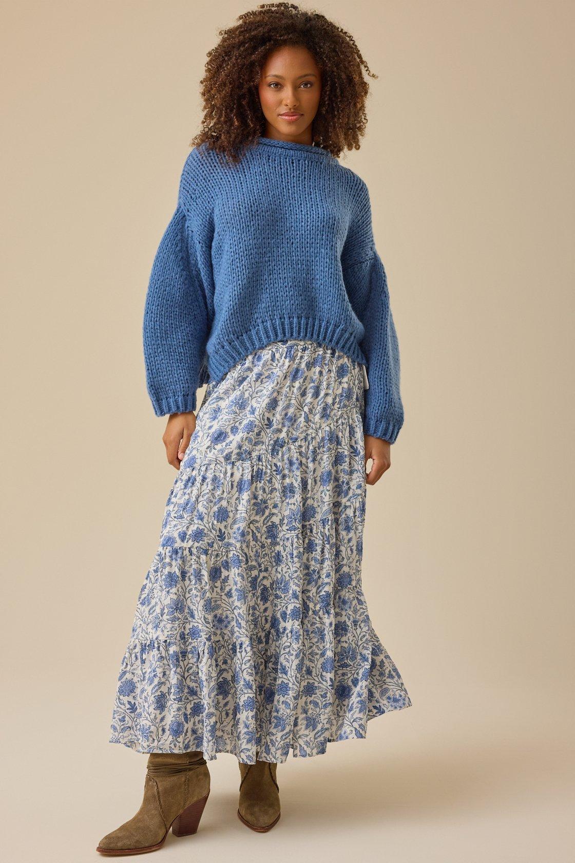 blue and white floral tiered maxi skirt